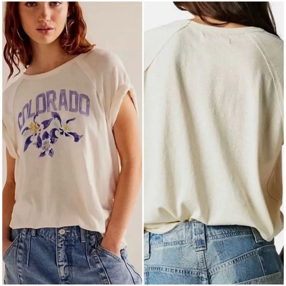 Free People X We The Free Colorado State Flower Short Sleeve Graphic Tee XS NEW